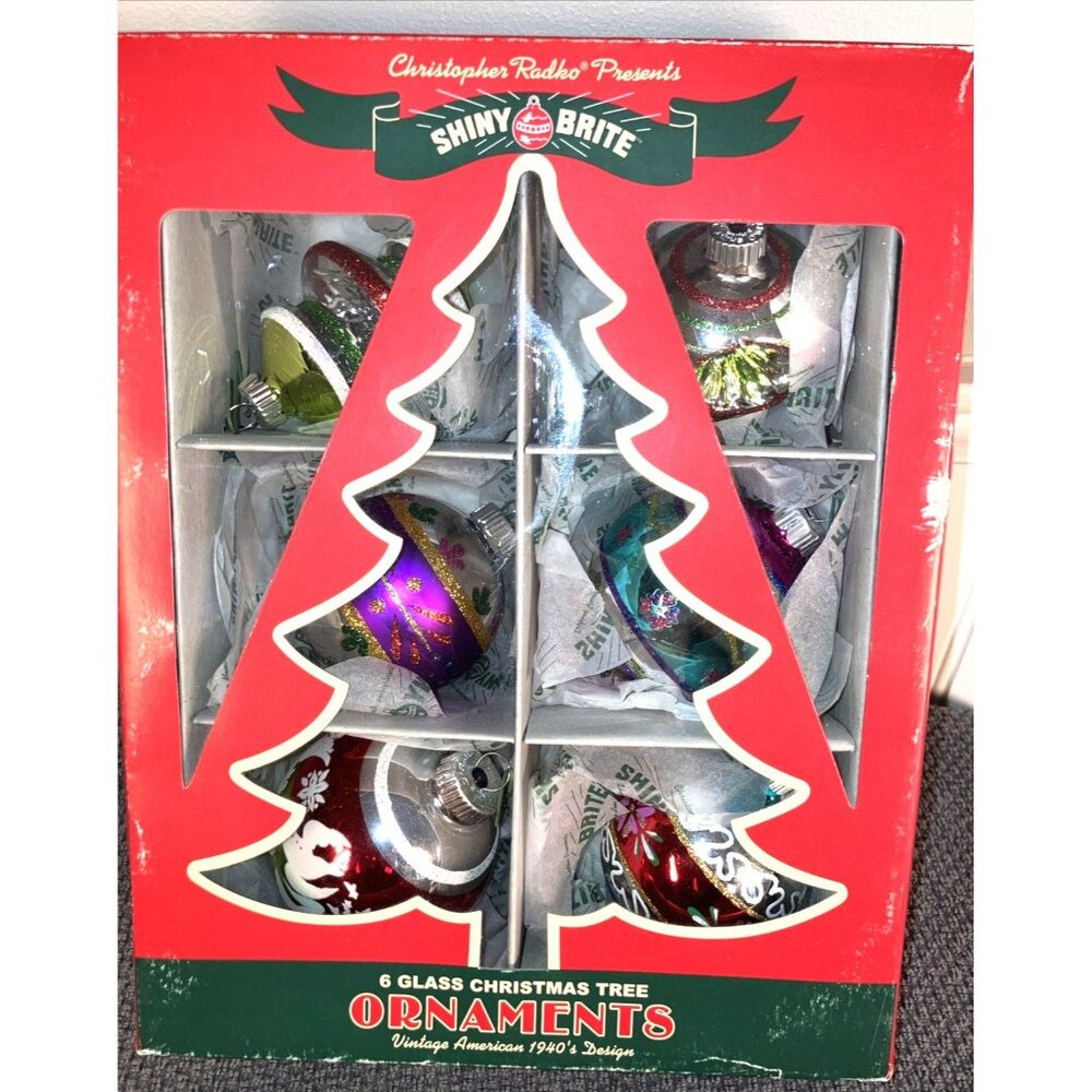 Shiny Brite 9 Christmas Ornaments Stenciled Flocked Christopher W/original paper